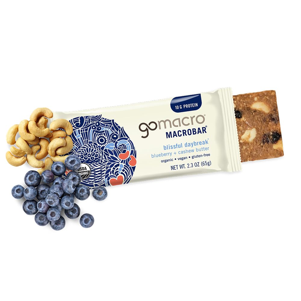 GoMacro detalle de ingredientes orgánicos como anacardos y arándanos frescos