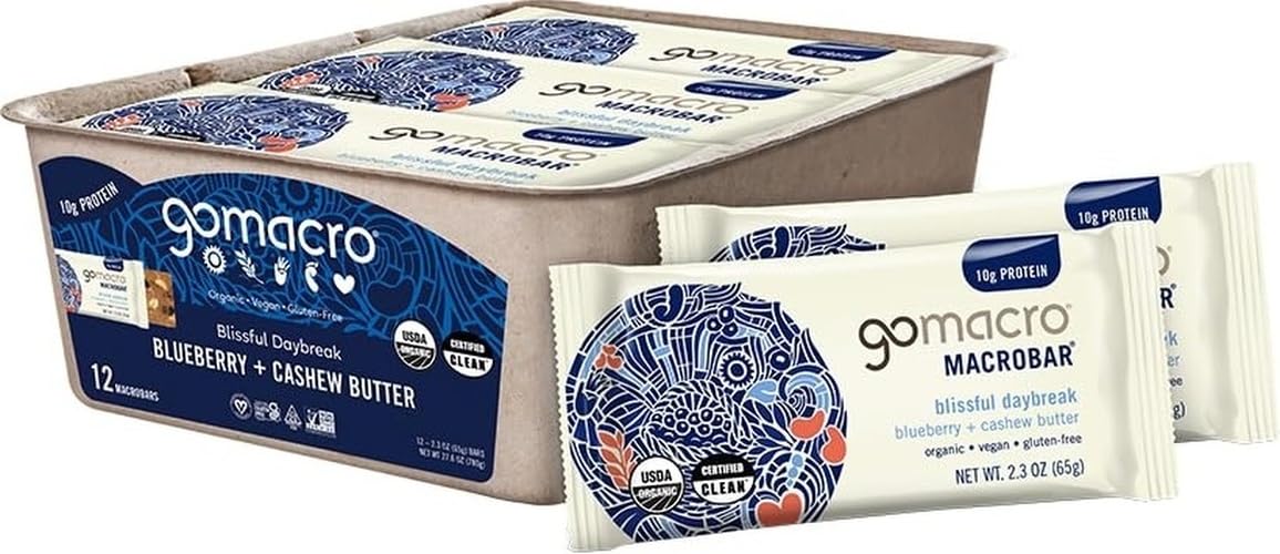 GoMacro paquete frontal mostrando 12 barritas, conveniente y orgánico