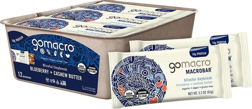 GoMacro paquete frontal mostrando 12 barritas, conveniente y orgánico