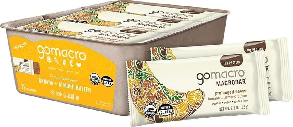 GoMacro empaque frontal mostrando 12 barritas y beneficios nutricionales