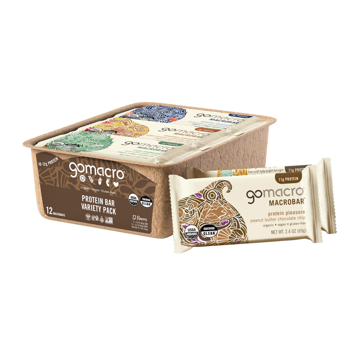 GoMacro pack frontal mostrando las 12 barras y variedad de sabores beneficioso para probar todo