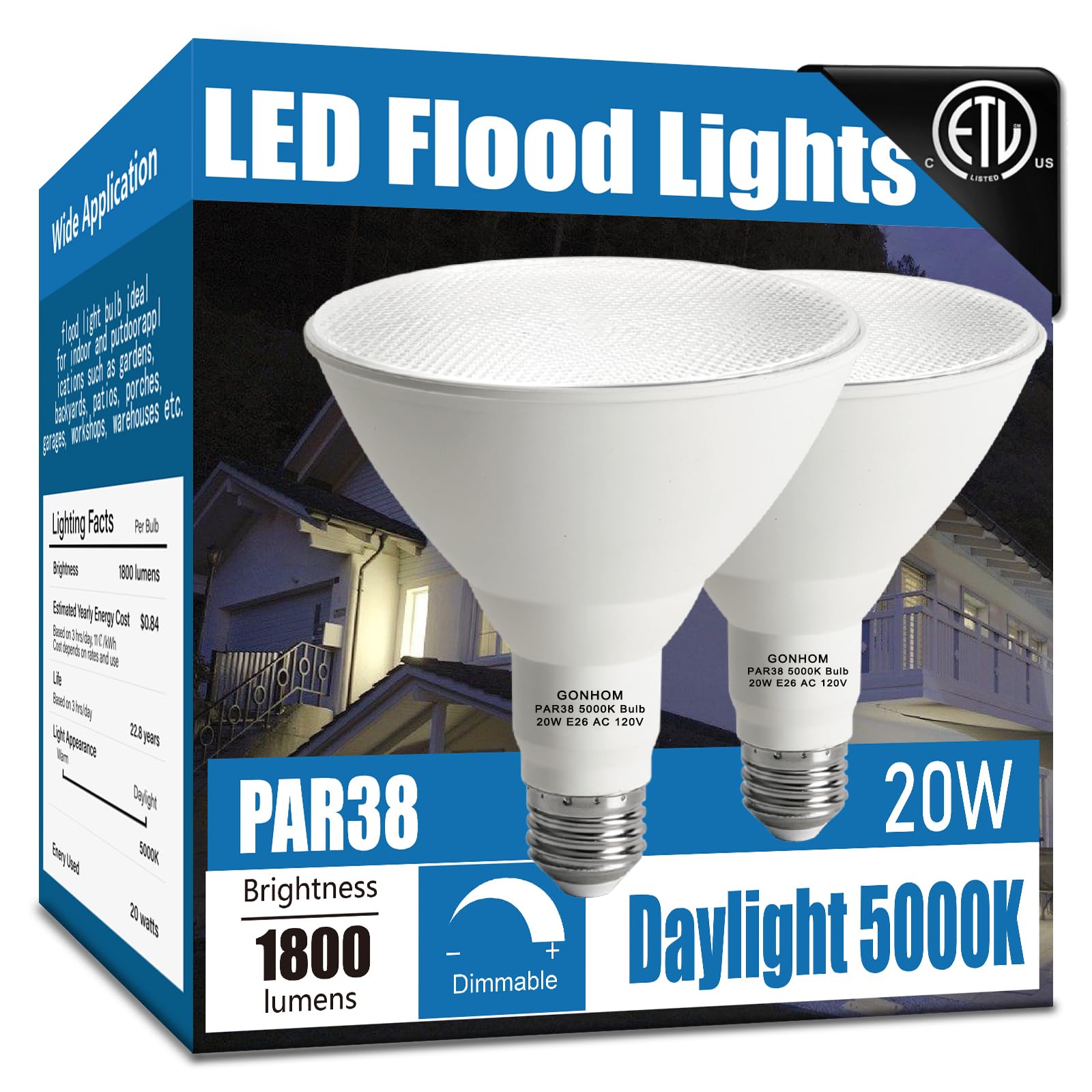 Gonhom foco PAR38 frontal mostrando forma y salida luminosidad eficiente
