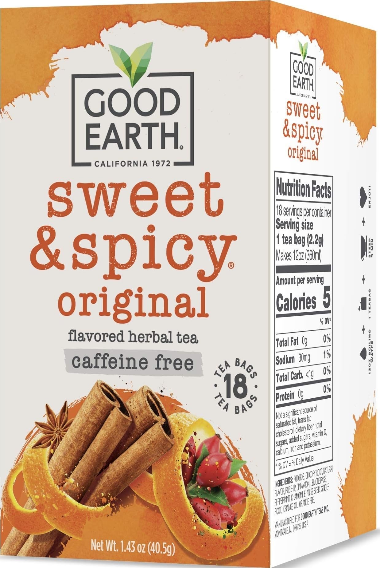 Good Earth Tea Co. frente del empaque que muestra el sabor y ventaja de comprar en pack