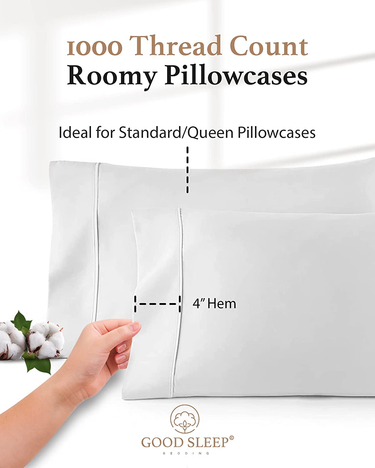 Good Sleep Bedding fundas dobladas en pila, muestra suavidad y volumen