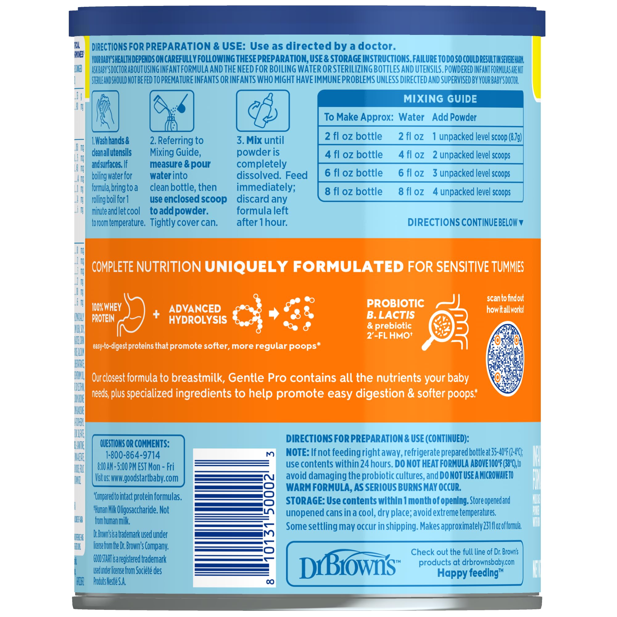 Good Start Dr. Brown's ingredientes cercanos destacando HMO, B. lactis y suero