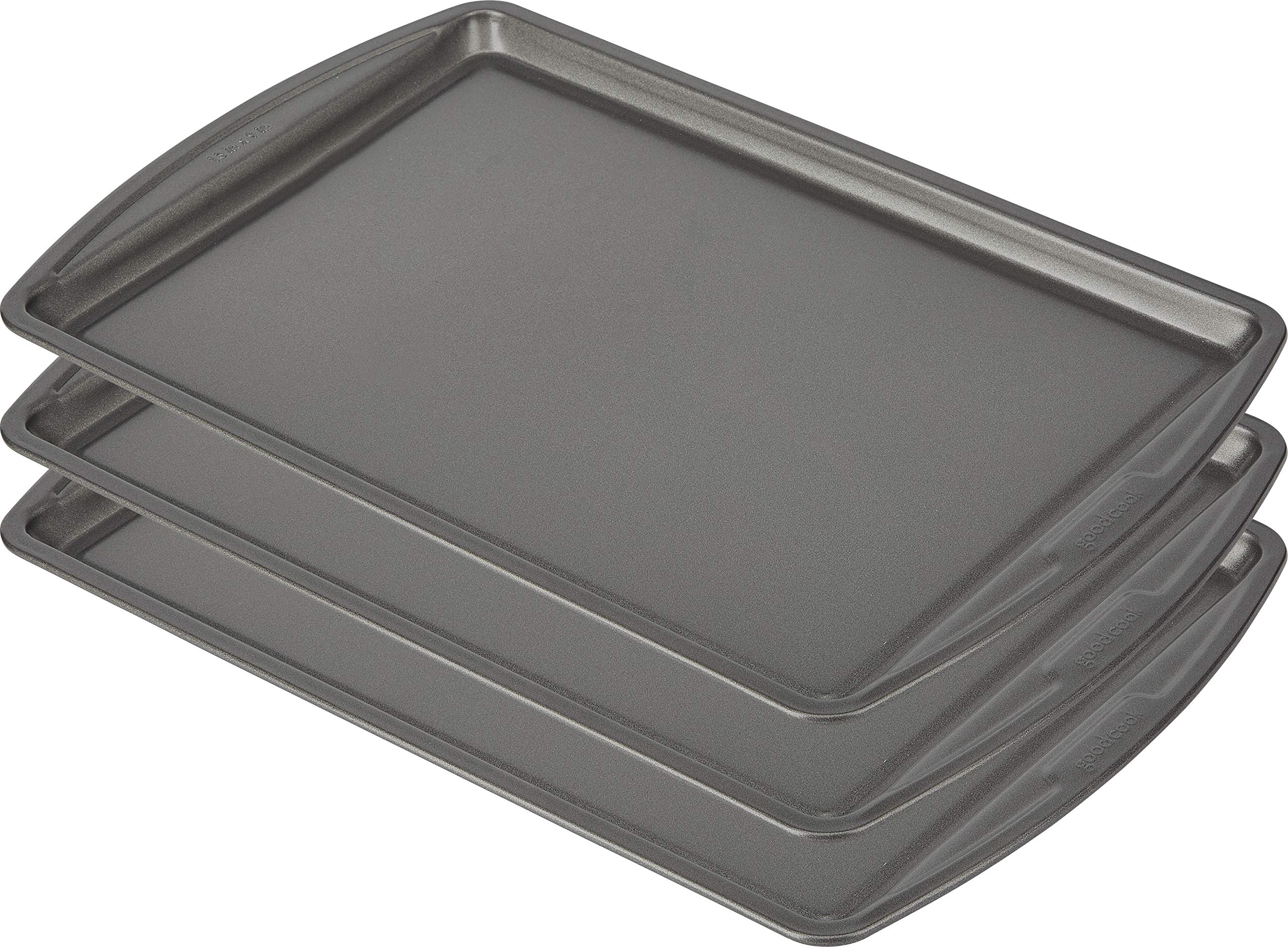 GoodCook bandeja frontal empaquetada mostrando tamaño y acabado gris, fácil almacenamiento