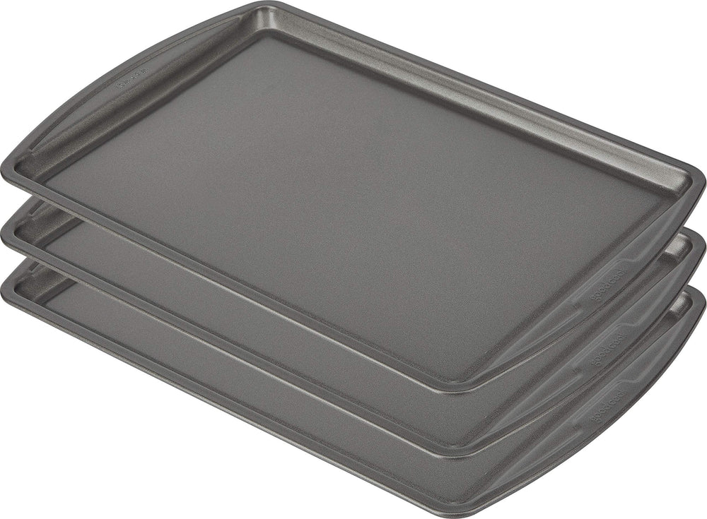 GoodCook bandeja frontal empaquetada mostrando tamaño y acabado gris, fácil almacenamiento
