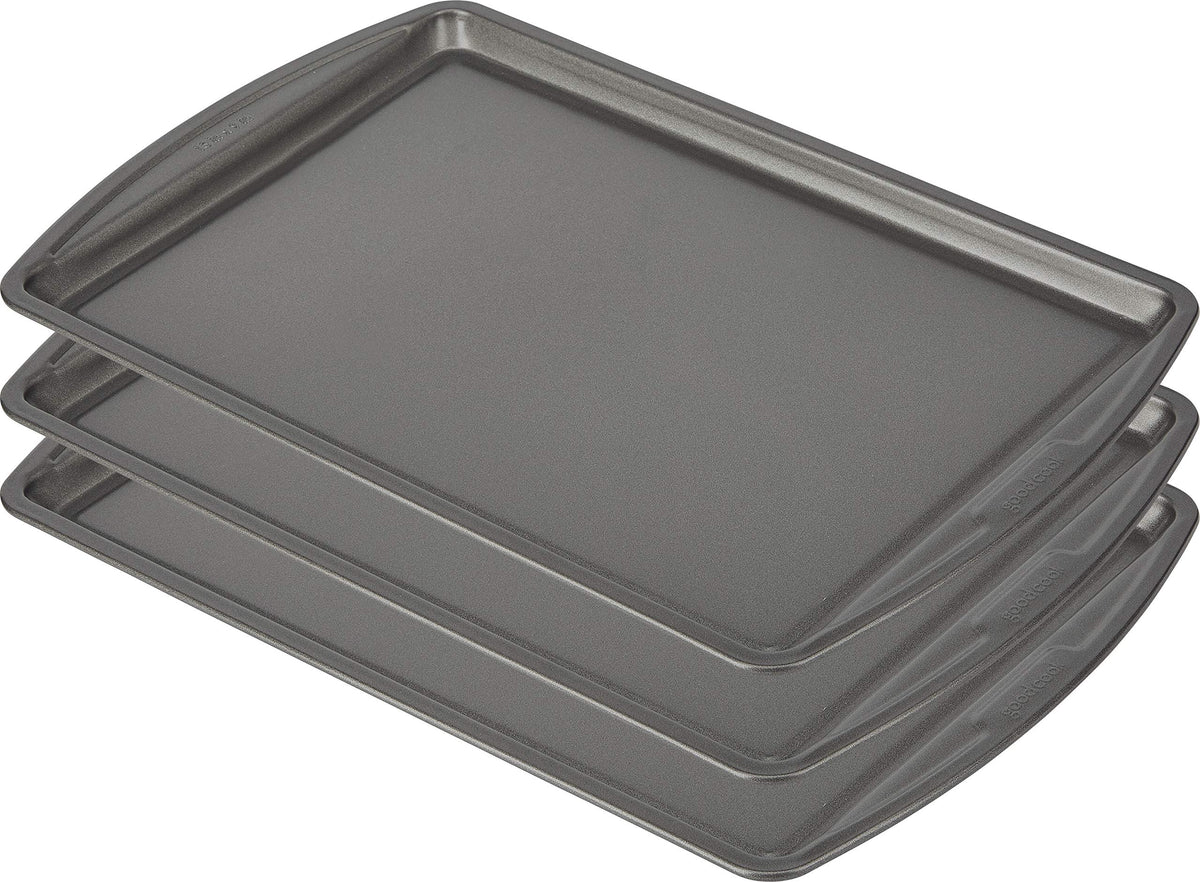 GoodCook bandeja frontal empaquetada mostrando tamaño y acabado gris, fácil almacenamiento