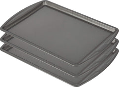 GoodCook bandeja frontal empaquetada mostrando tamaño y acabado gris, fácil almacenamiento
