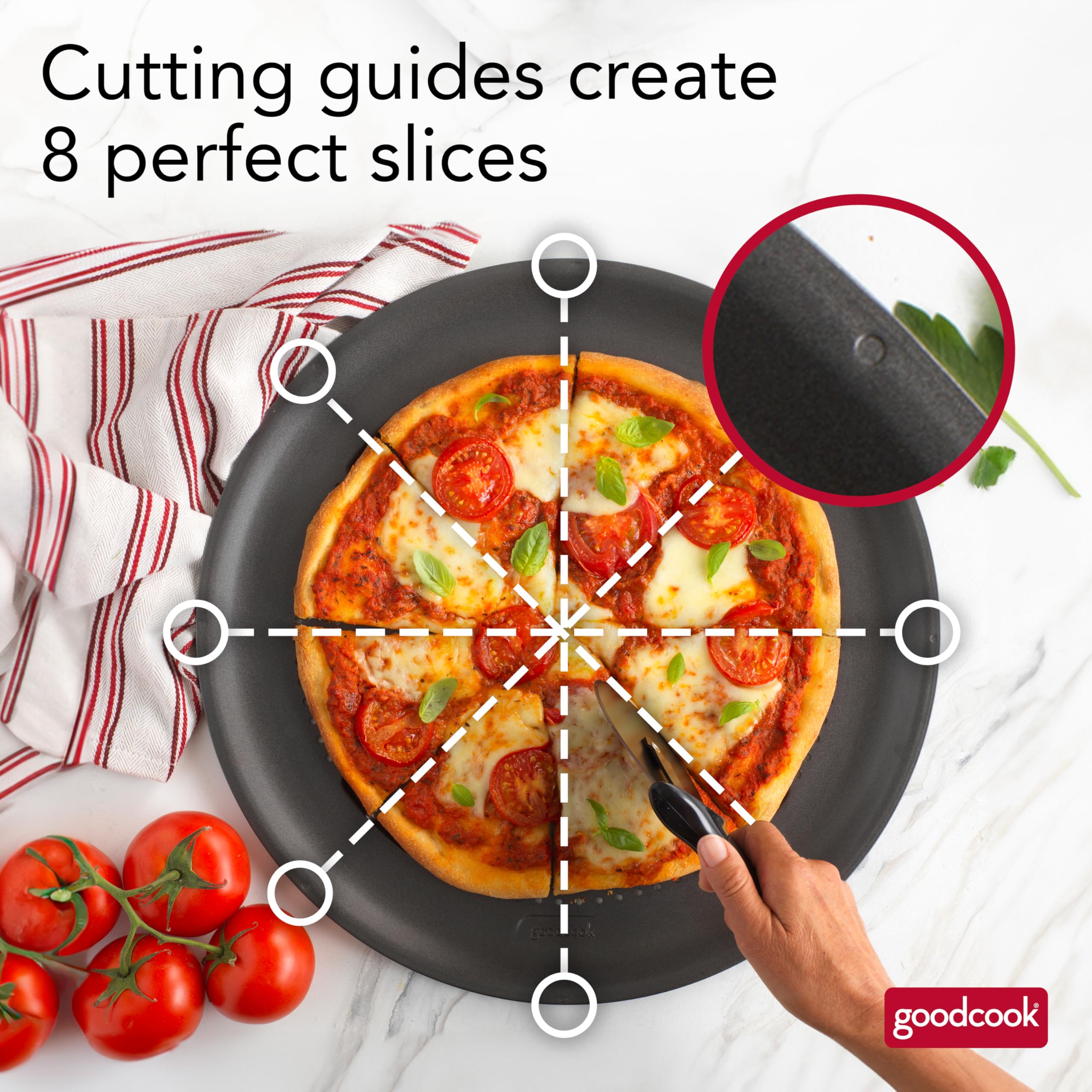GoodCook comparación de tamaño con pizza para visualizar capacidad familiar