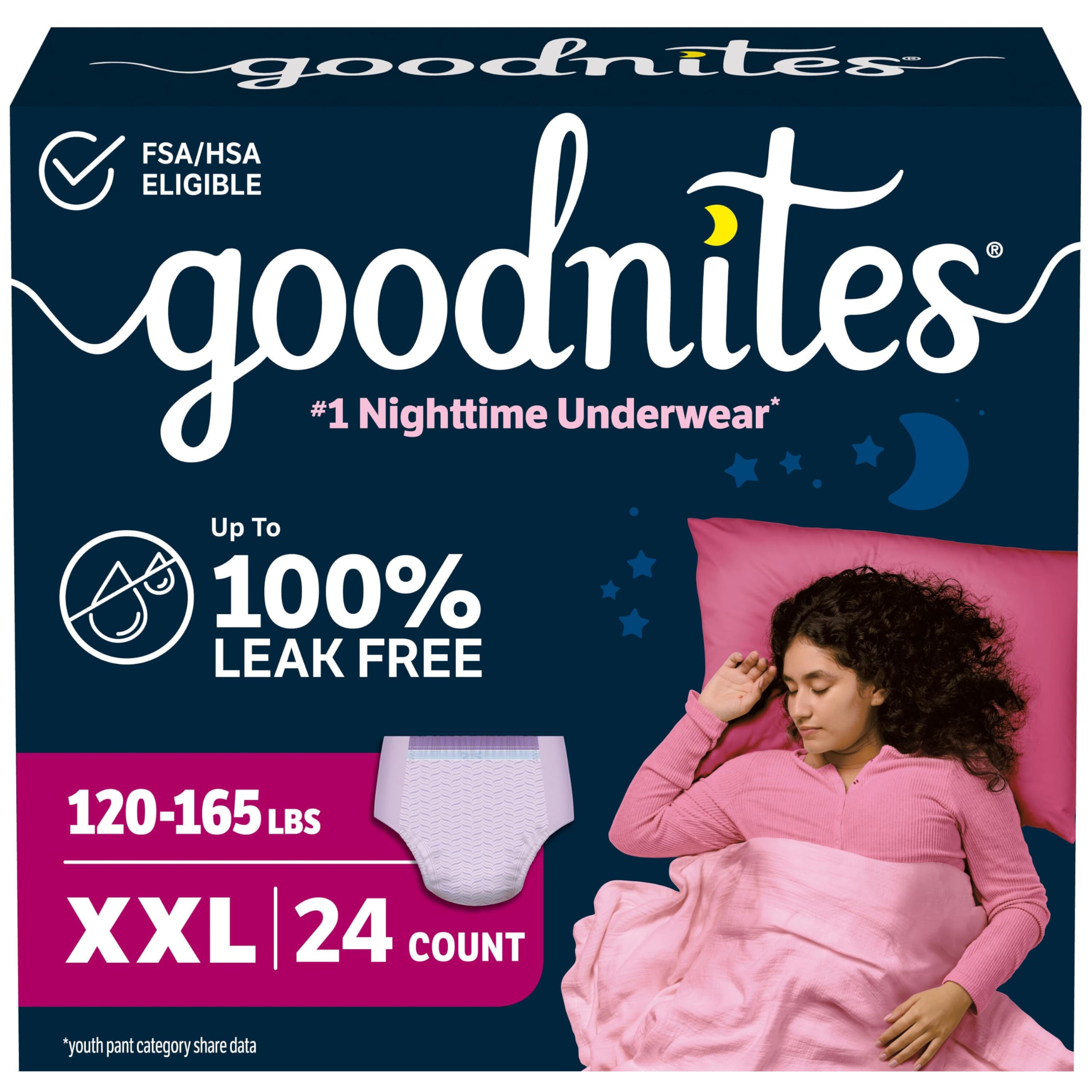 GoodNites empaque frontal XXL mostrando 24 unidades y confianza nocturna