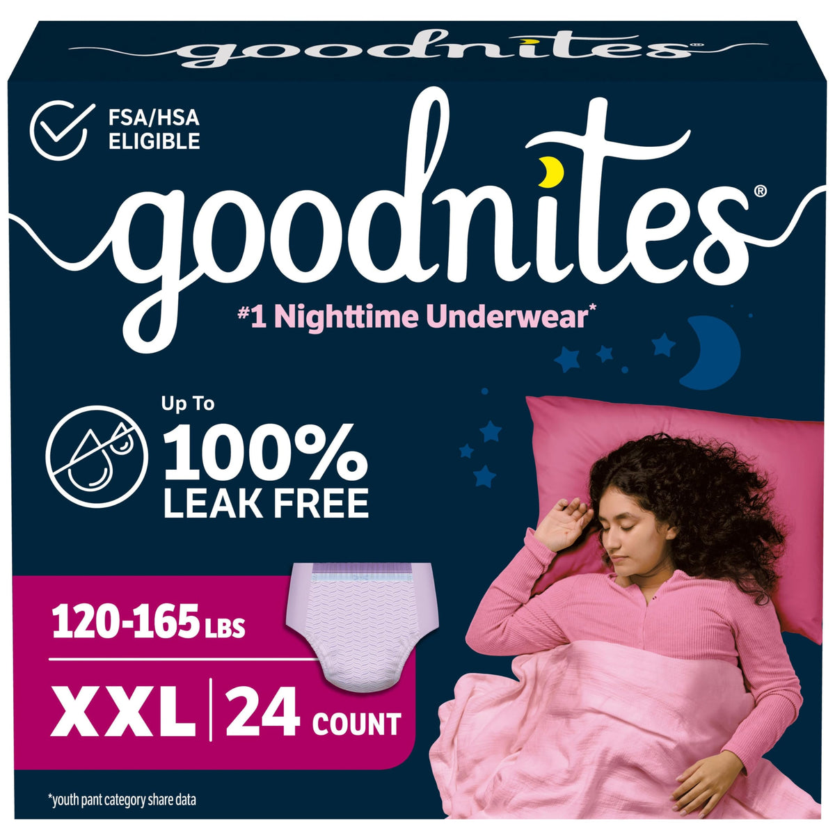 GoodNites empaque frontal XXL mostrando 24 unidades y confianza nocturna