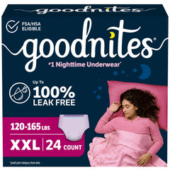 GoodNites empaque frontal XXL mostrando 24 unidades y confianza nocturna
