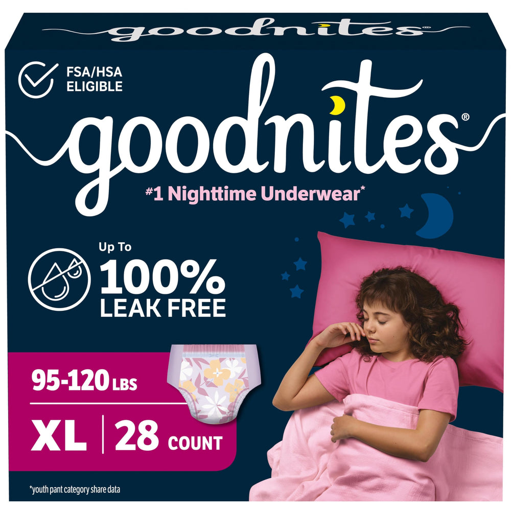 GoodNites envase frontal XL mostrando cantidad y tamaño, beneficio discreción