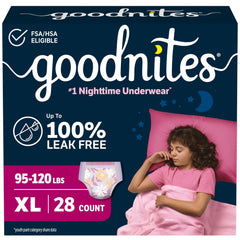 GoodNites envase frontal XL mostrando cantidad y tamaño, beneficio discreción