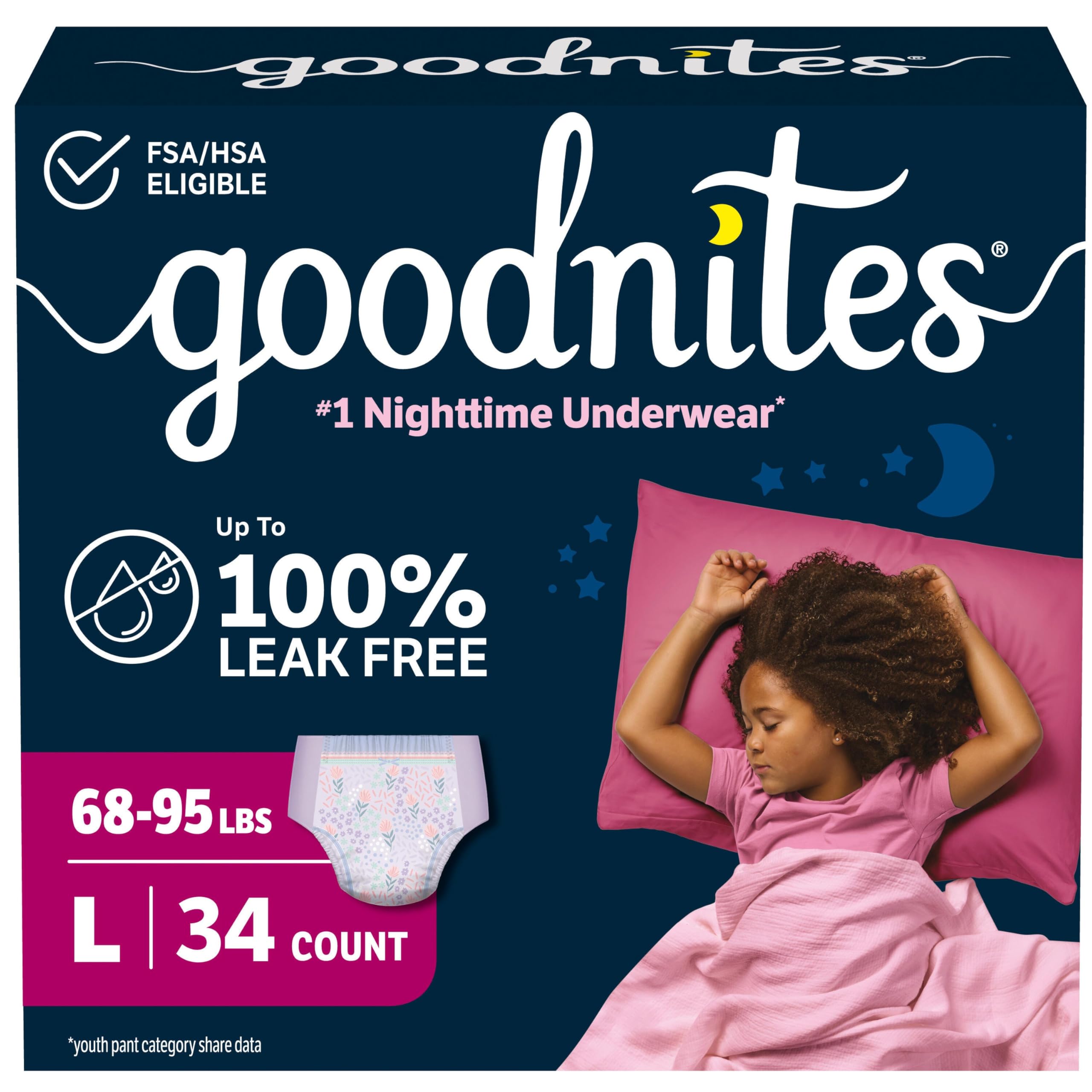 GoodNites paquete frontal mostrando tamaño L y confianza nocturna
