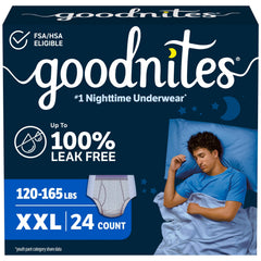 GoodNites paquete frontal XXL mostrando 24 unidades y ventaja de protección