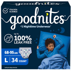 GoodNites paquete frontal mostrando 34 unidades y confianza nocturna