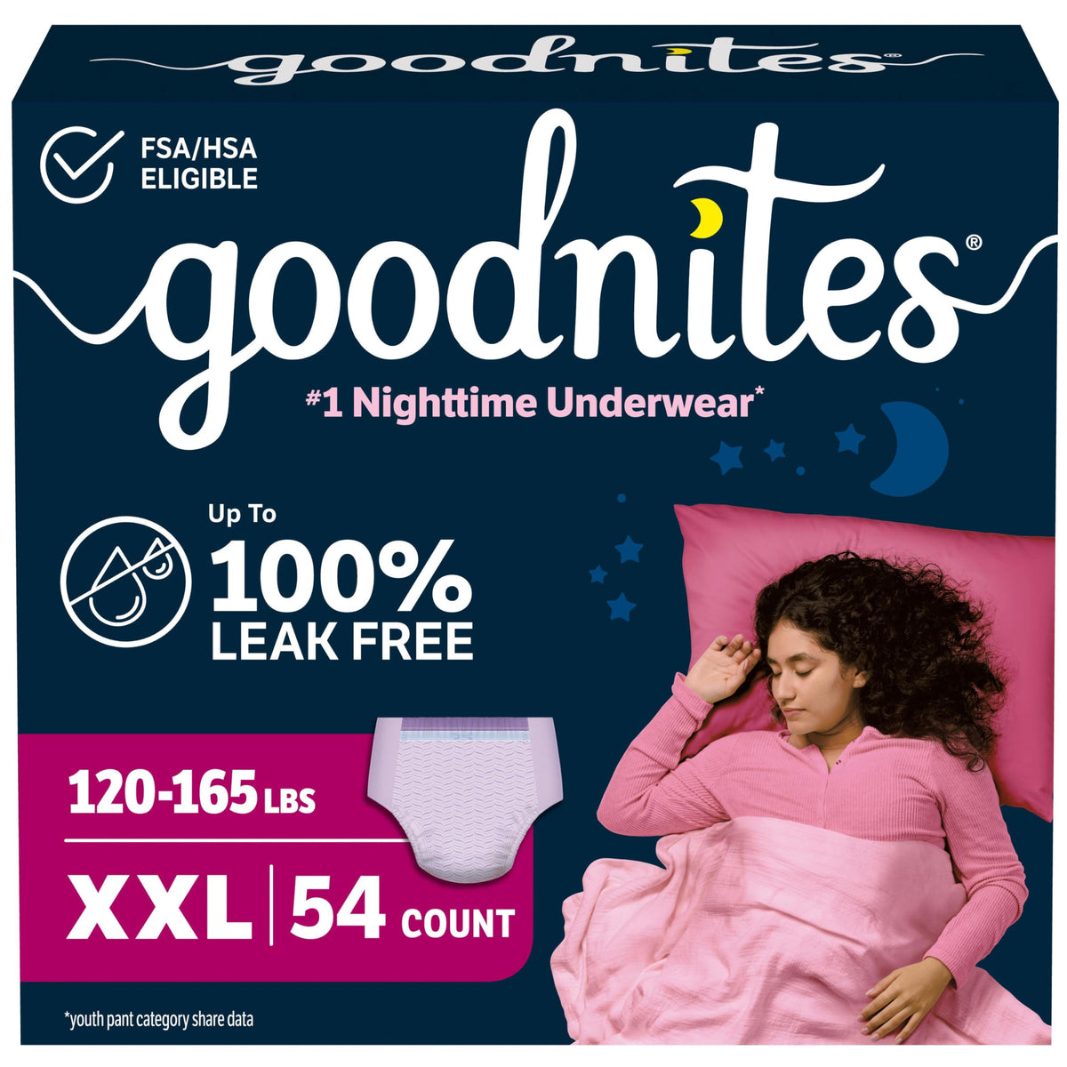 GoodNites paquete frontal mostrando talla XXL y 54 unidades, protección nocturna