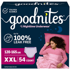 GoodNites paquete frontal mostrando talla XXL y 54 unidades, protección nocturna