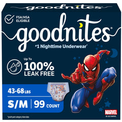 GoodNites paquete frontal mostrando 99 unidades y protección nocturna