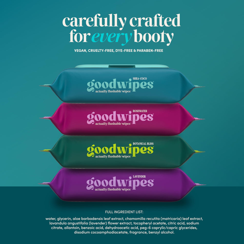 goodwipes etiqueta de ingredientes Shea-Coco con aloe, vitamina E y agua purificada