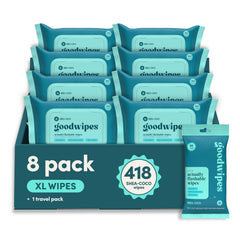 goodwipes frente del paquete Shea-Coco mostrando la marca y fácil acceso