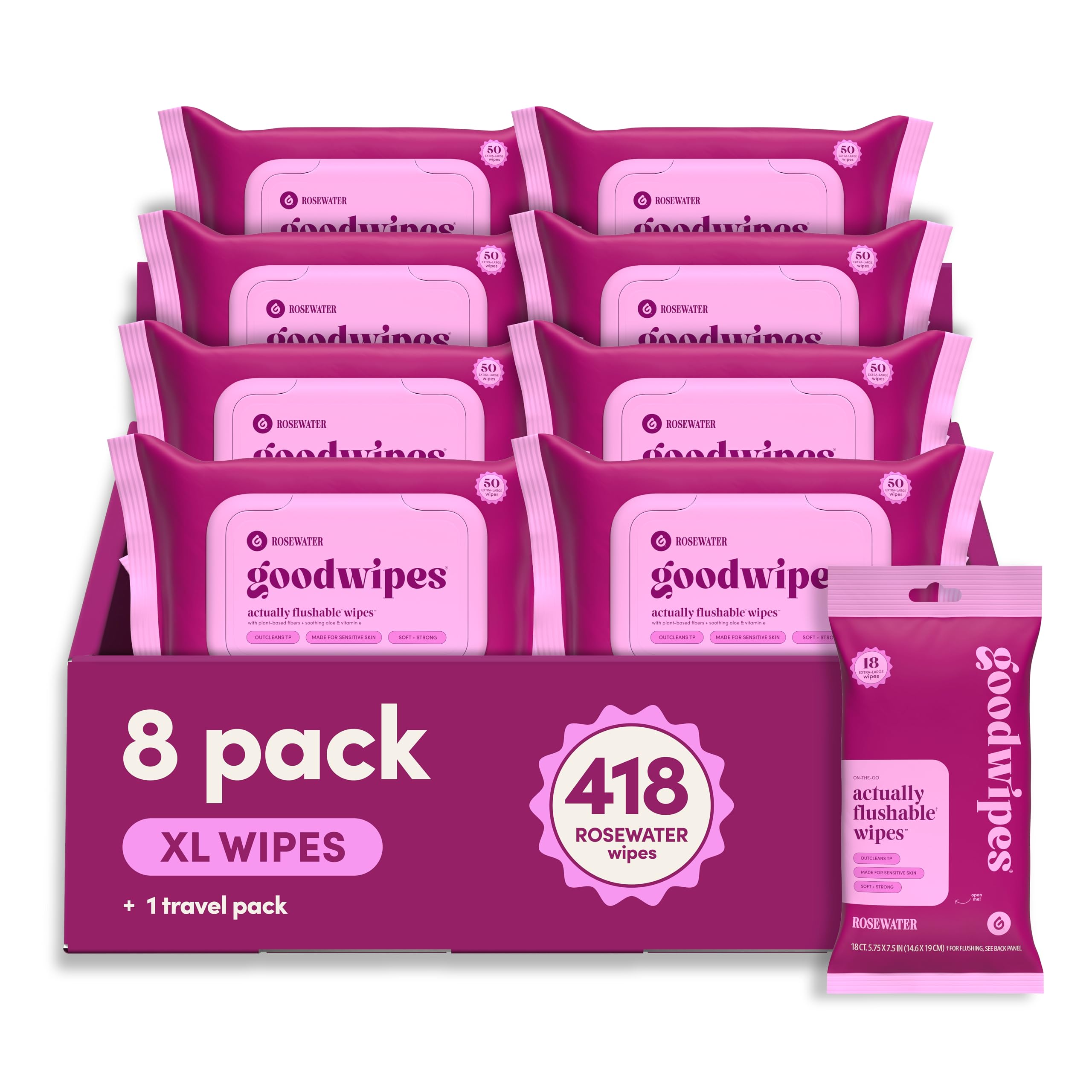 goodwipes envase frontal rosewater que muestra cantidad y diseño, limpieza confiable