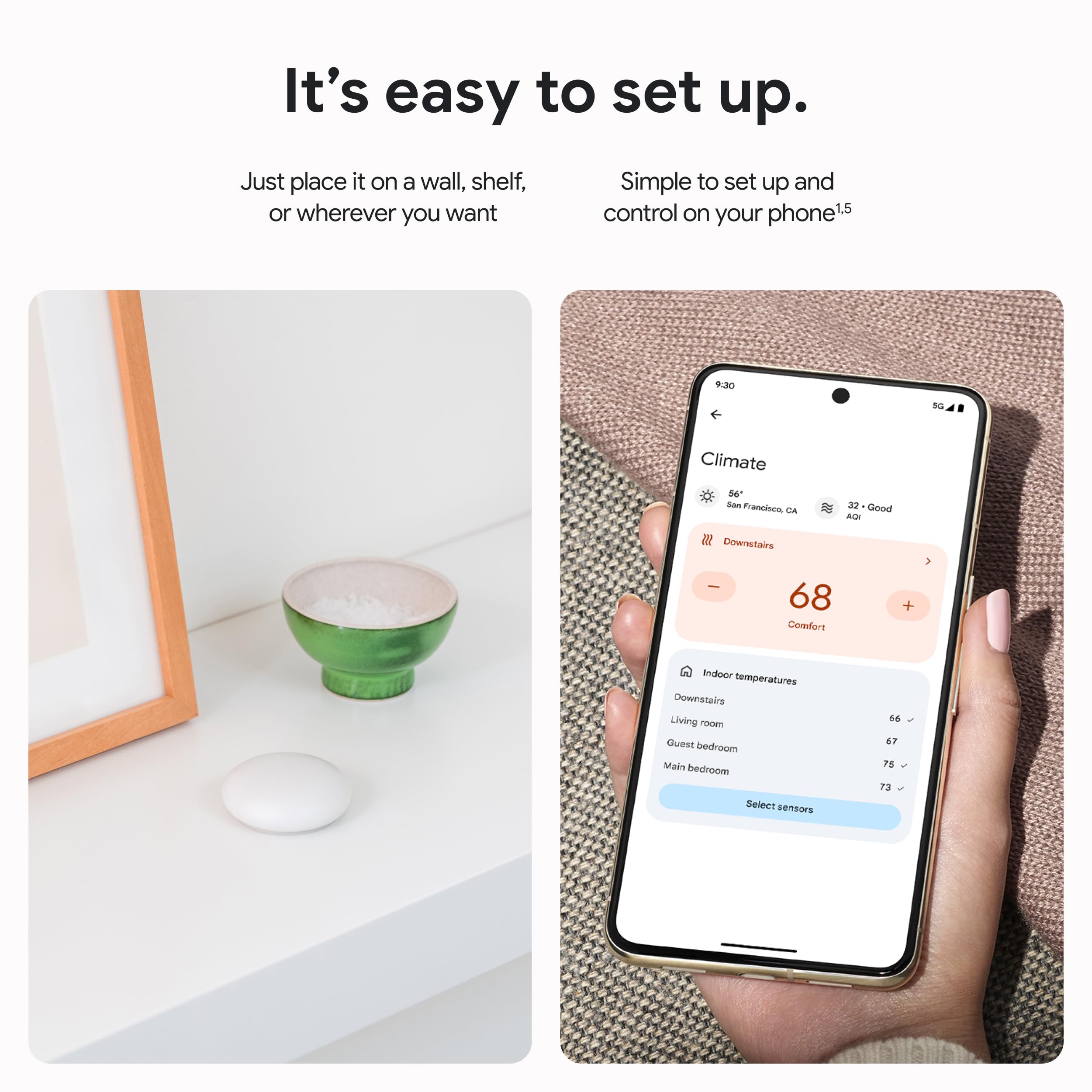 Google Nest Temperature Sensor con app Google Home control remoto y ajustes por habitación
