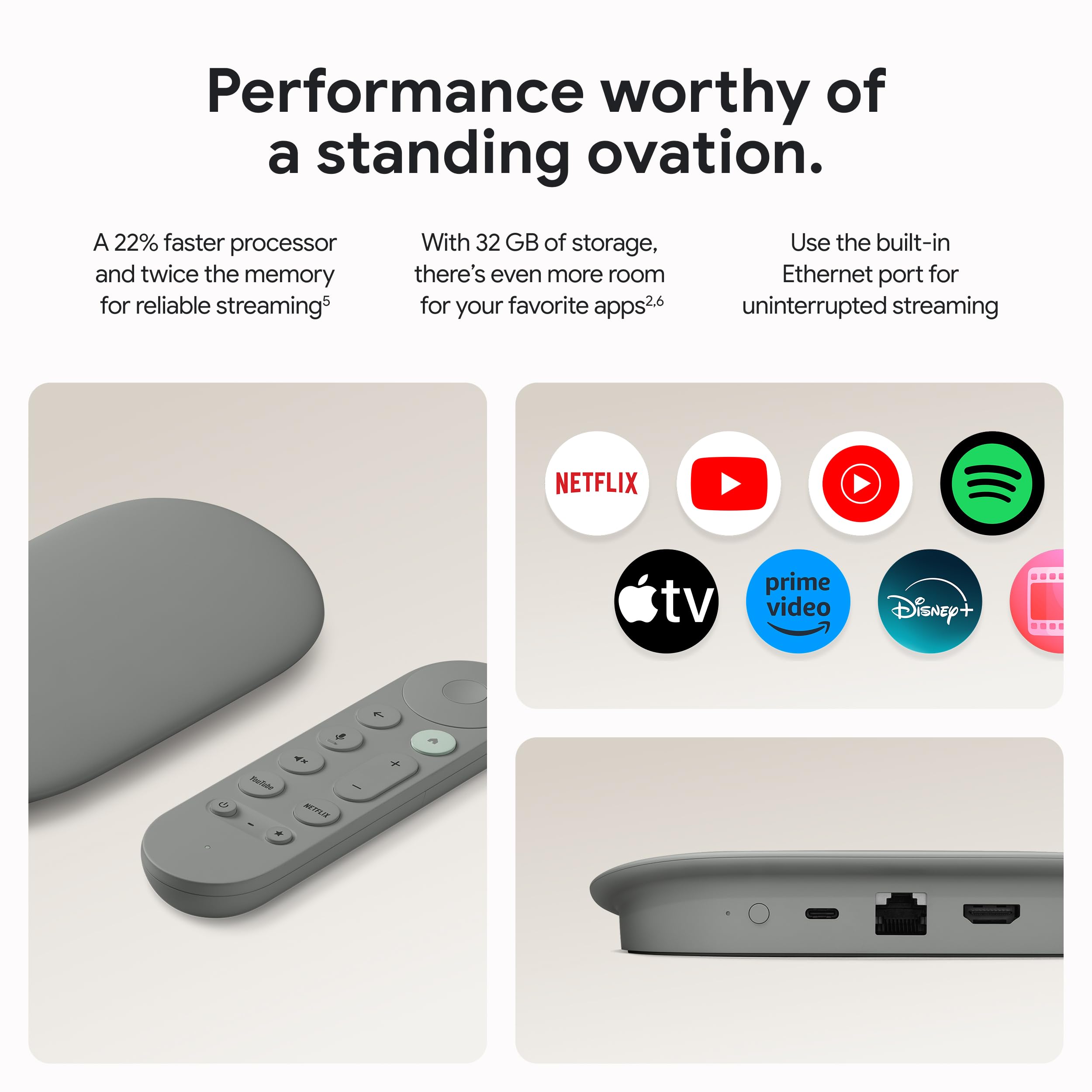 Detalle de la carcasa del Google TV Streamer mostrando acabado y ventilación resistente