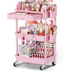 Goovilla carrito frontal rosa mostrando estantes y superficie para organizar cosméticos
