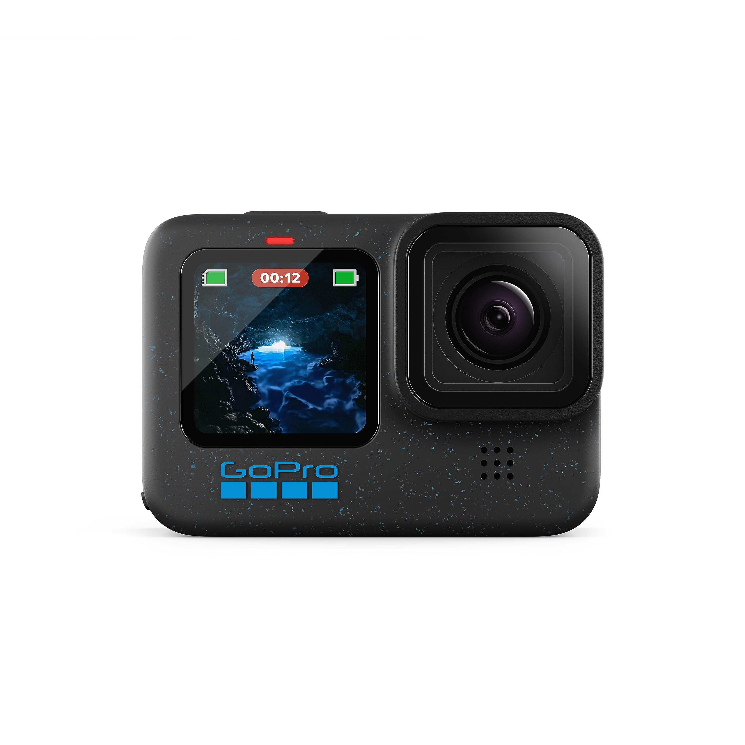 GoPro HERO12 Black frontal mostrando cuerpo compacto y controles, ideal para aventura