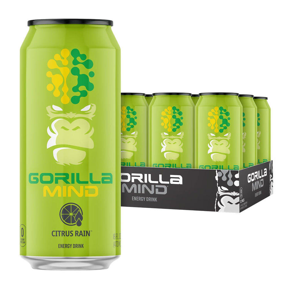 Gorilla Mind lata frontal mostrando diseño y sabor Citrus Rain, refresco sin azúcar