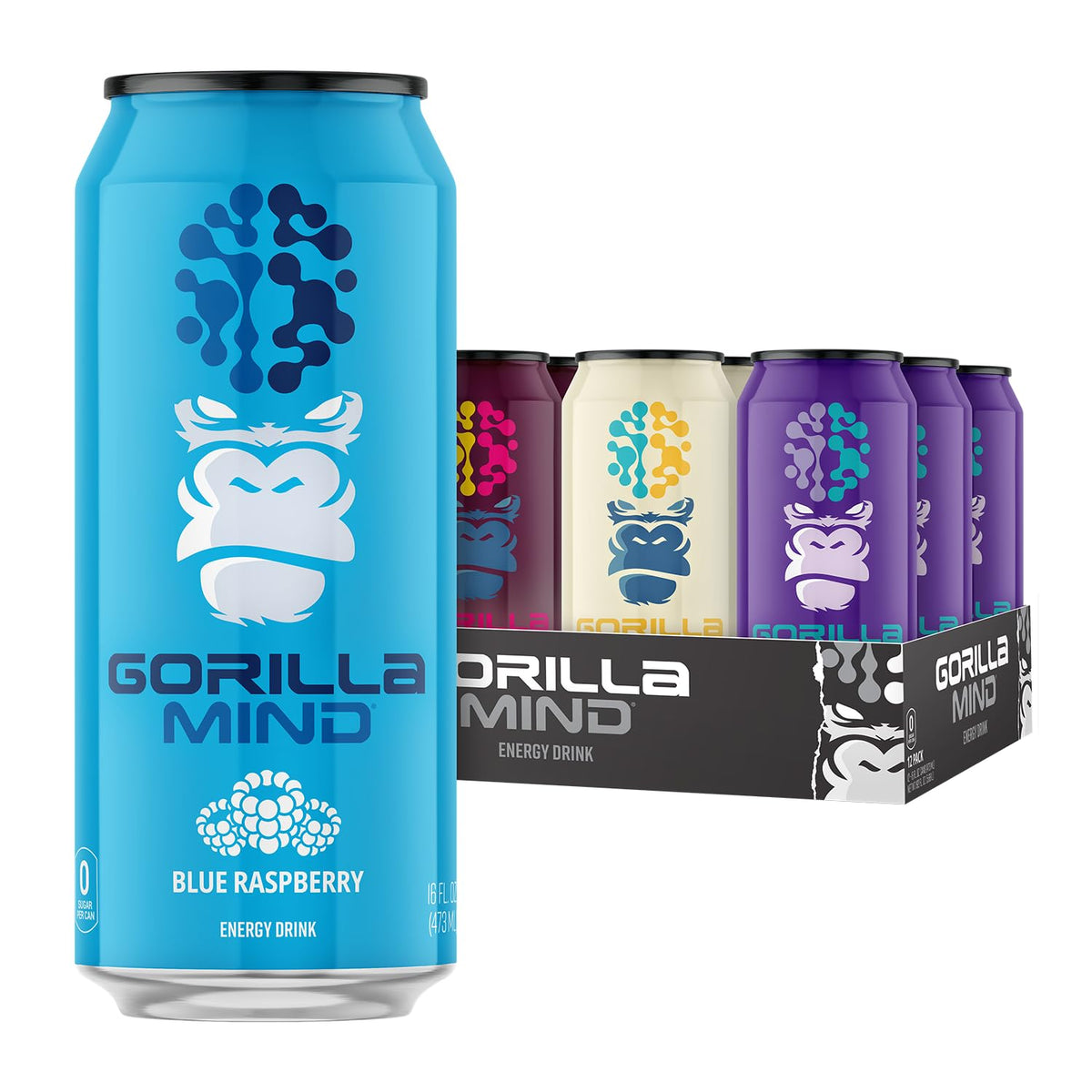 Gorilla Mind lata frontal 16oz mostrando diseño y tamaño para energía inmediata