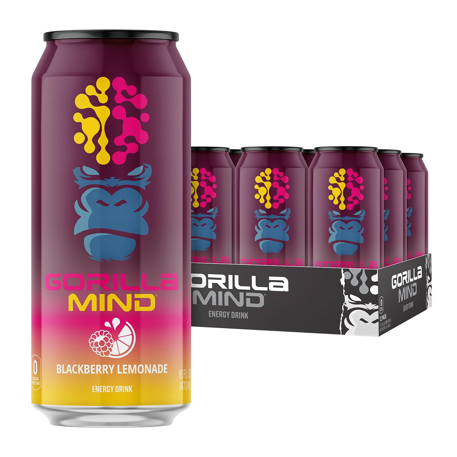 Gorilla Mind lata frontal Blackberry Lemonade mostrando diseño y beneficio refrescante