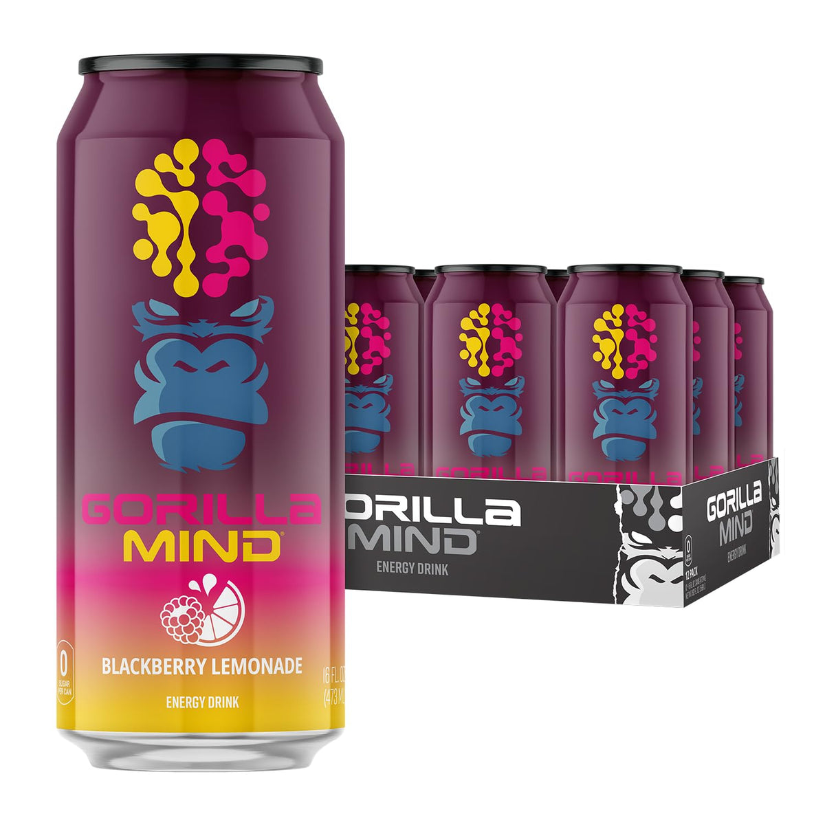 Gorilla Mind lata frontal Blackberry Lemonade mostrando diseño y beneficio refrescante