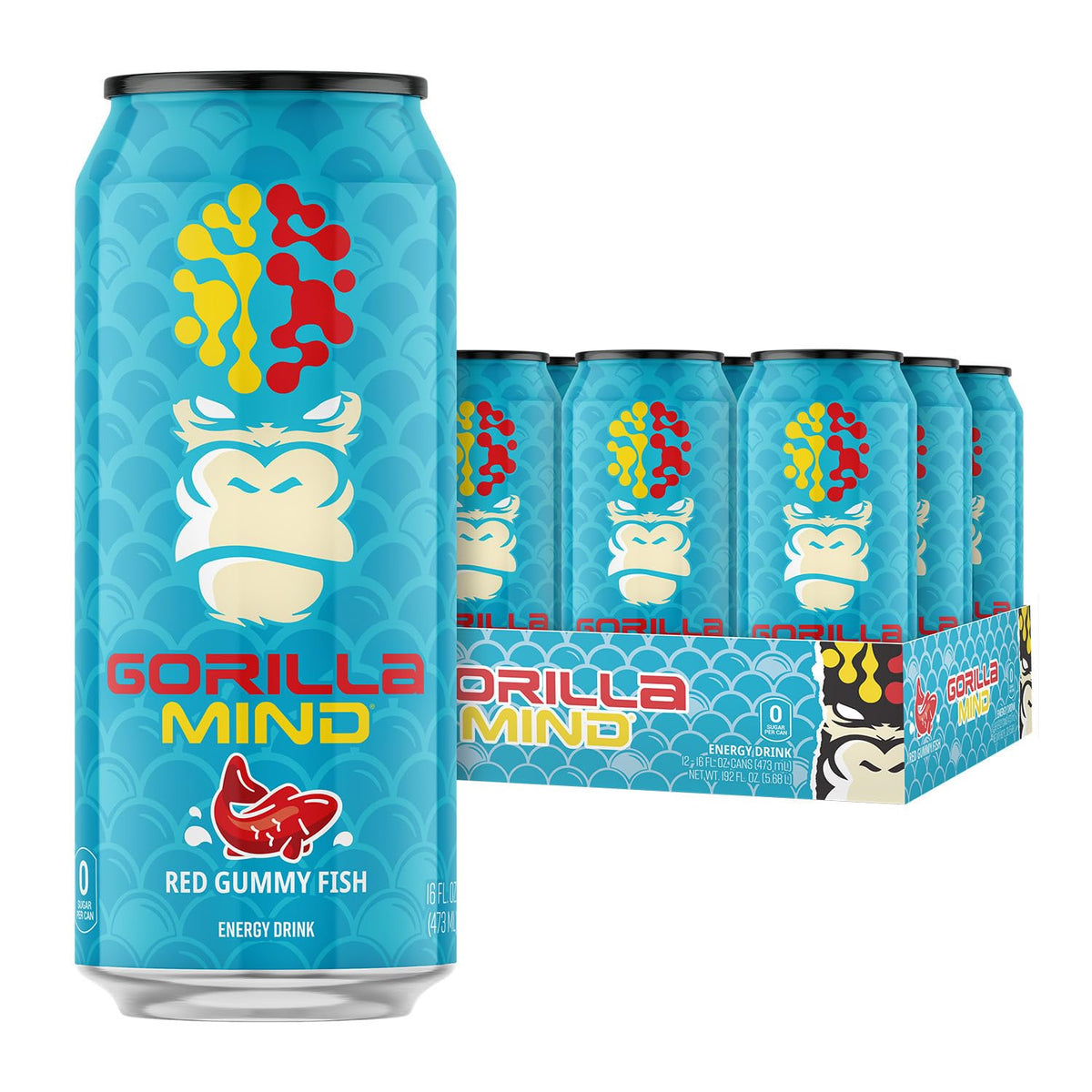 Gorilla Mind lata frontal Red Gummy Fish mostrando diseño y beneficio energético