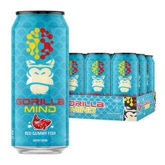 Gorilla Mind lata frontal Red Gummy Fish mostrando diseño y beneficio energético