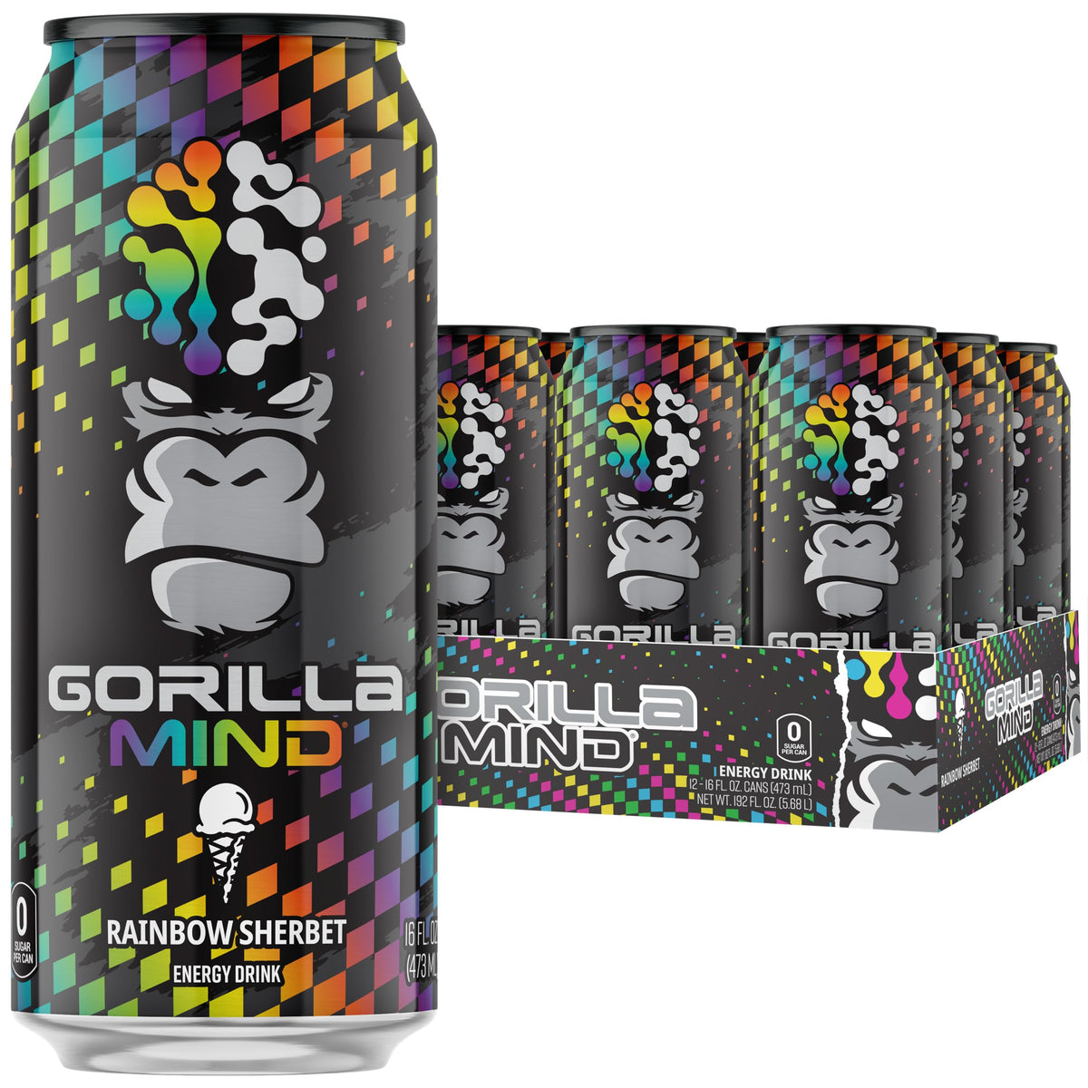 Gorilla Mind lata frontal Rainbow Sherbet mostrando etiqueta clara y beneficio de energía