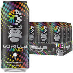Gorilla Mind lata frontal Rainbow Sherbet mostrando etiqueta clara y beneficio de energía