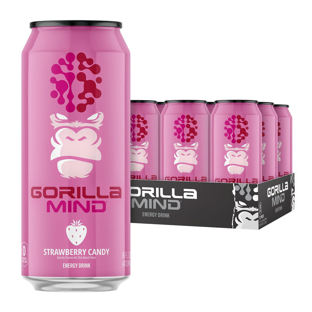 Gorilla Mind lata frontal Strawberry Candy mostrando diseño y tamaño