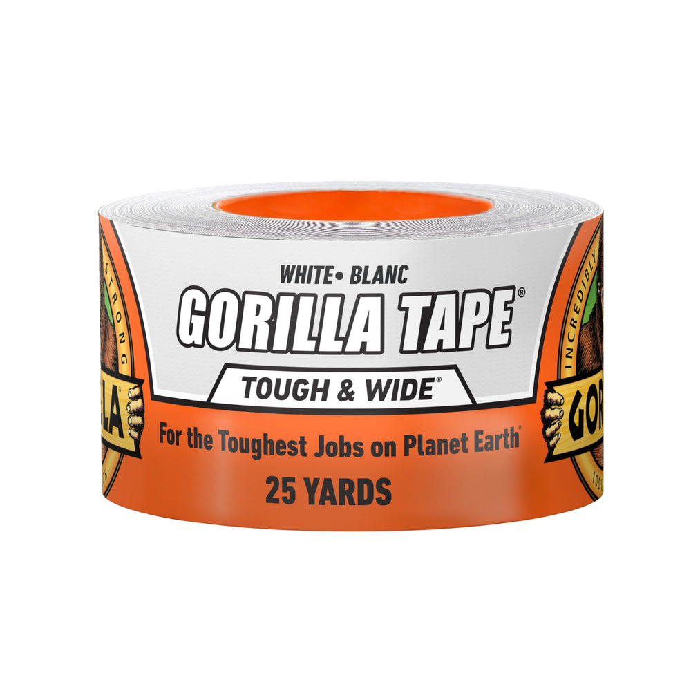 GORILLA tape frontal empaque blanco mostrando tamaño y beneficio de resistencia