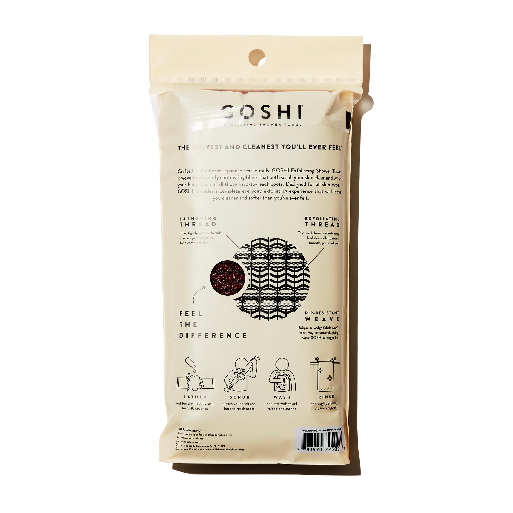 GOSHI detalle de malla de dos hilos que genera espuma y exfolia eficazmente