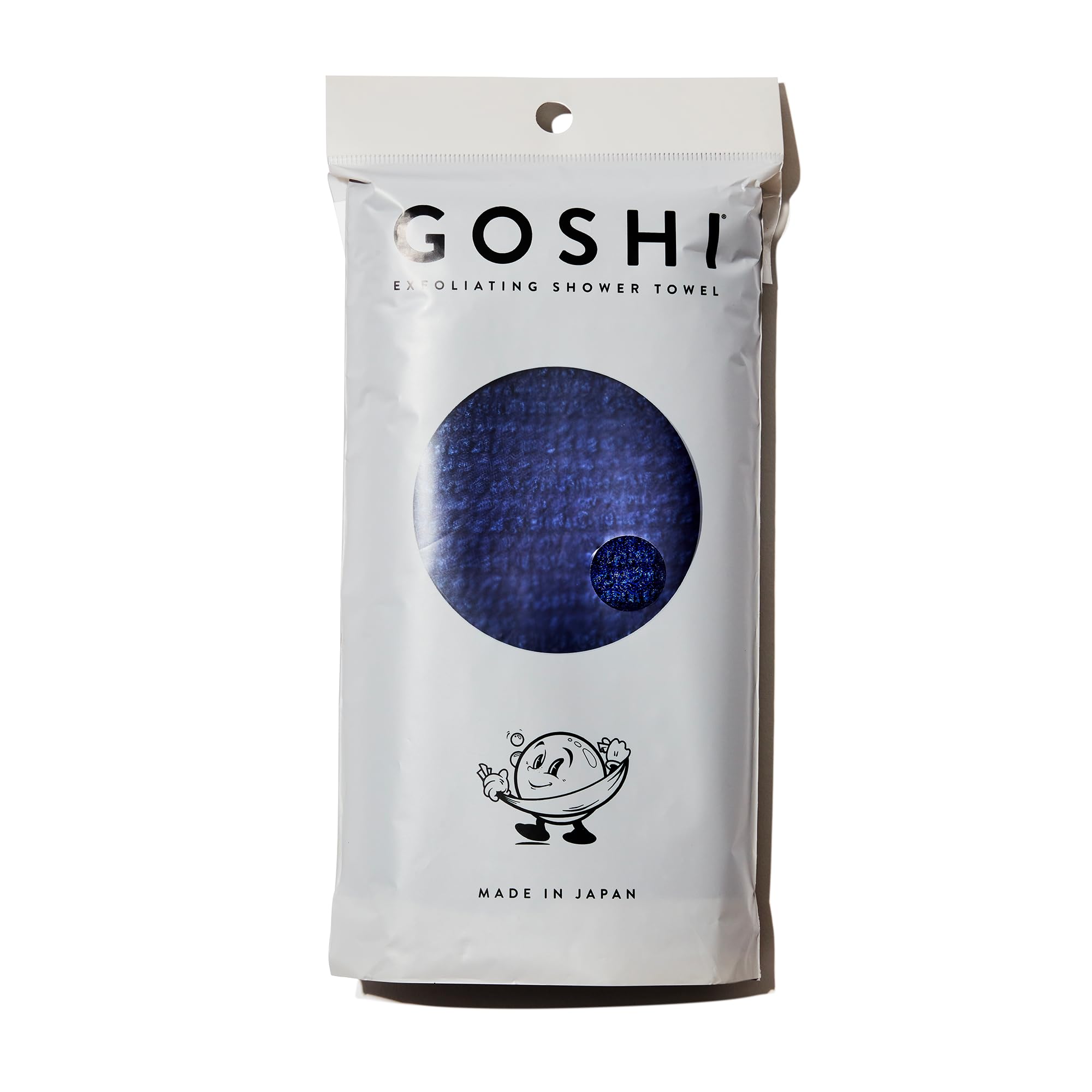 GOSHI empaque frontal azul mostrando la toalla larga y su acabado resistente