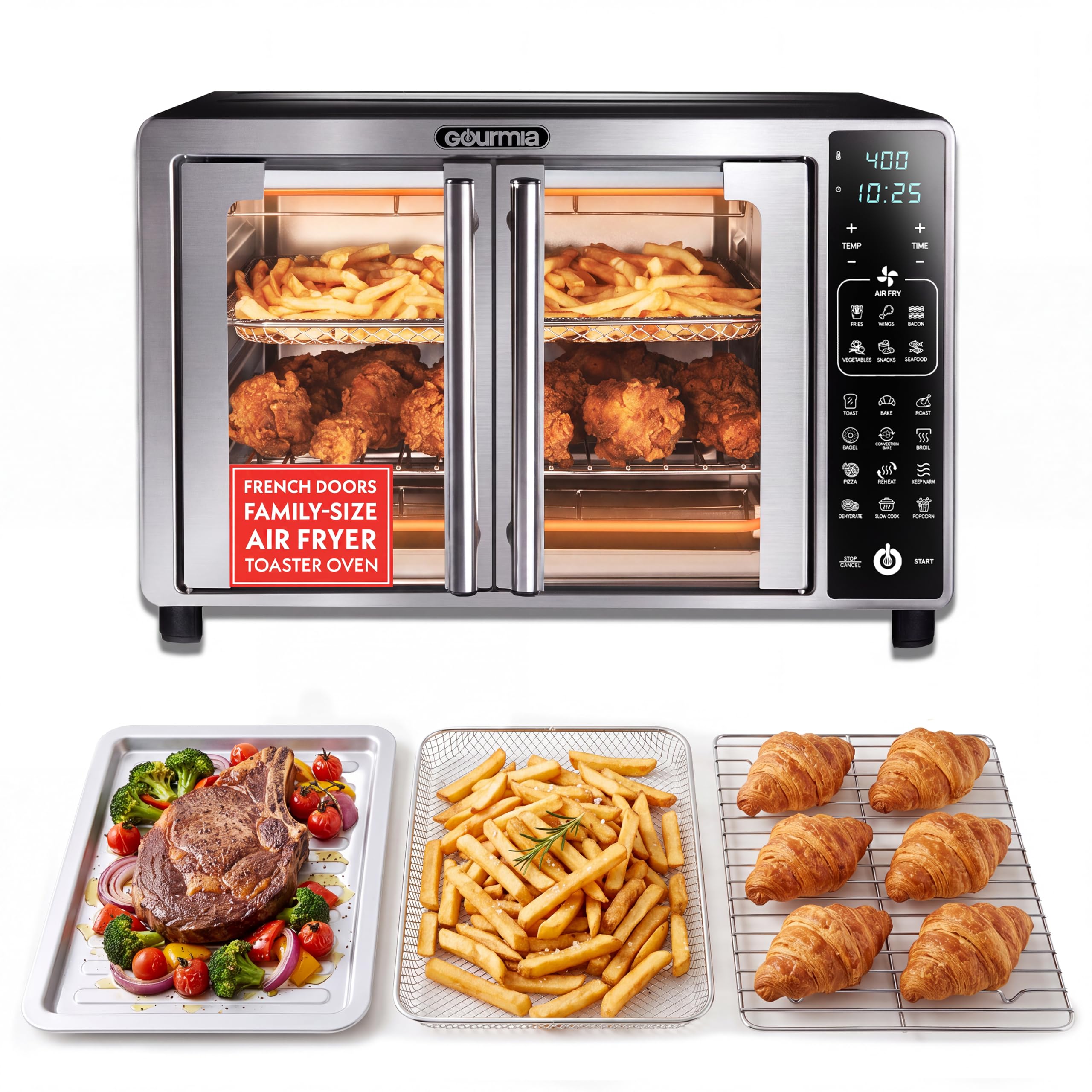 Gourmia vista frontal con puertas francesas y capacidad para seis rebanadas