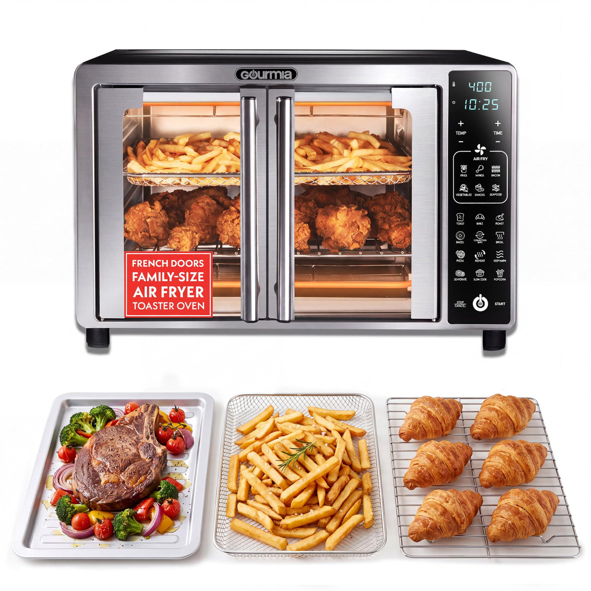 Gourmia vista frontal con puertas francesas y capacidad para seis rebanadas