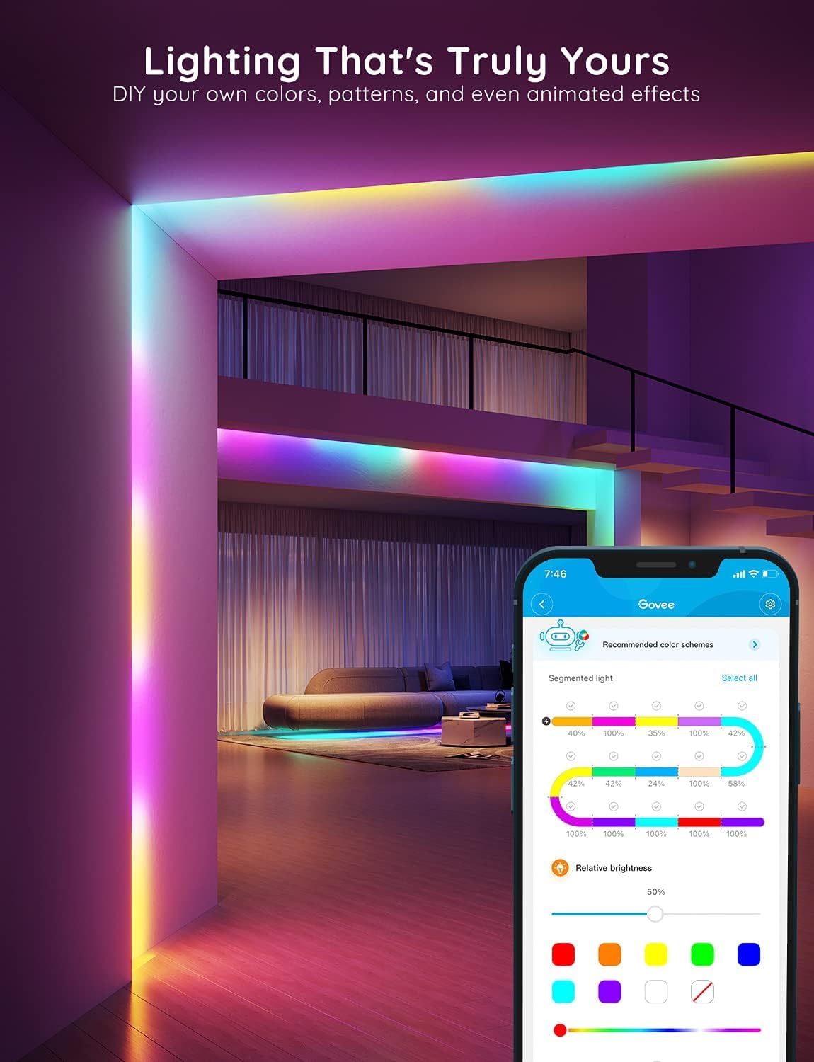 Govee detalle de segmentos RGBIC que permite varios colores simultáneos
