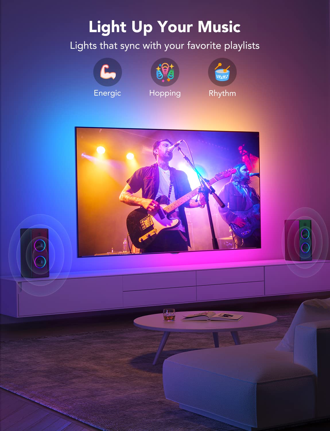 Govee tira frente a TV grande para comparar tamaño y cobertura