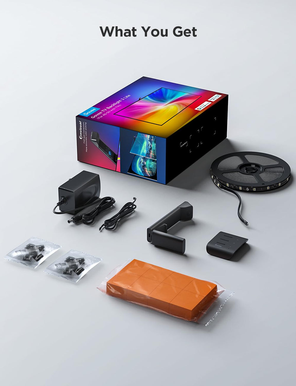 Govee etiqueta y conectores del kit mostrando calidad de ensamblaje y durabilidad