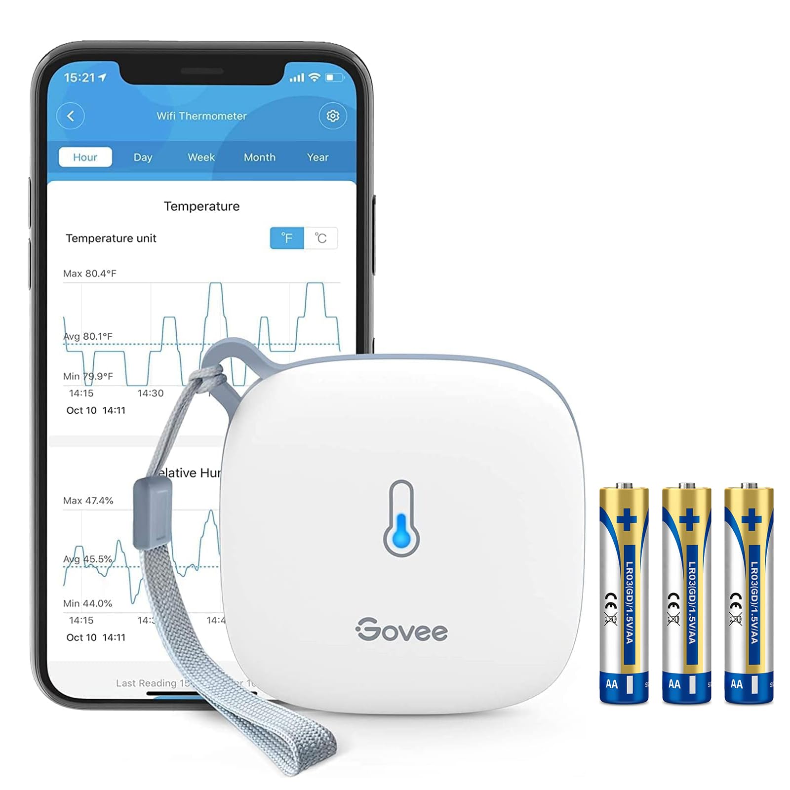 Govee front packaging showing device and lanyard, clear unboxing benefit